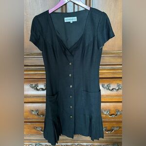 Vintage Kamisato Black Short Sleeve Linen Dress with pleated hem &side pockets